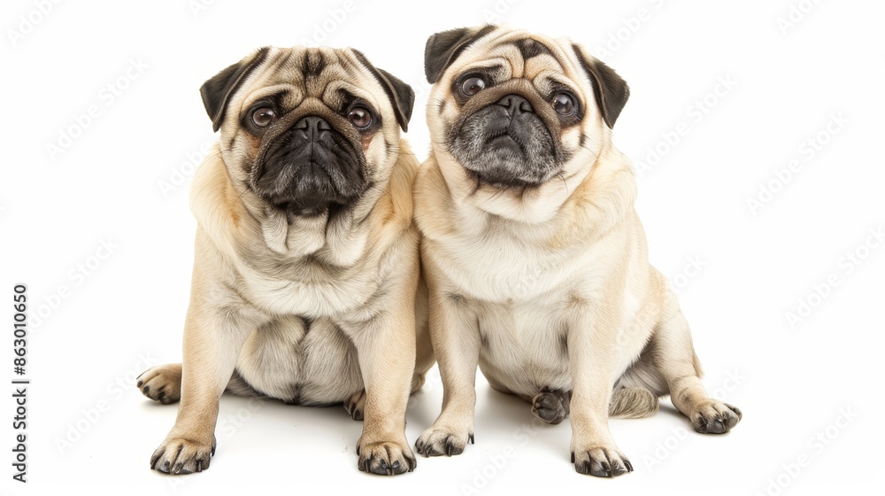 Fototapeta premium Playful Pugs: Two Adorable Pugs Sitting Together with Cheeky Expressions on White Background