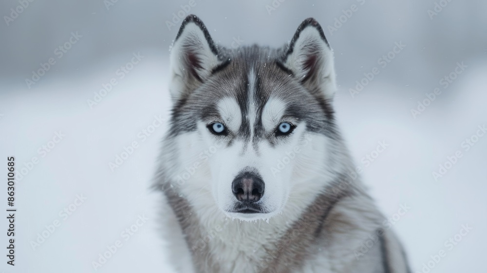 Majestic Husky Portrait: Beautiful Blue-Eyed Dog Gazing at Camera Against White Background Majestic Husky Portrait: Beautiful Blue-Eyed Dog Gazing at Camera Against White Background