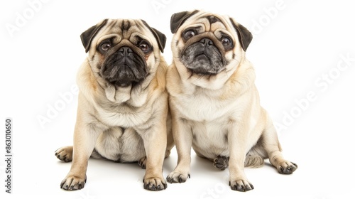 Playful Pugs: Two Adorable Pugs Sitting Together with Cheeky Expressions on White Background