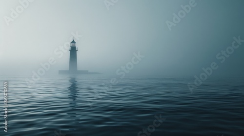 A lighthouse stands tall amid thick fog in the vast ocean on a gloomy day, A lighthouse standing tall against the endless ex