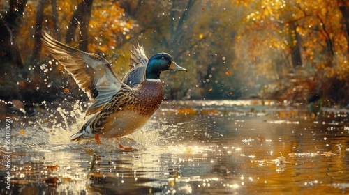 Mallard Duck Taking Flight in Autumn