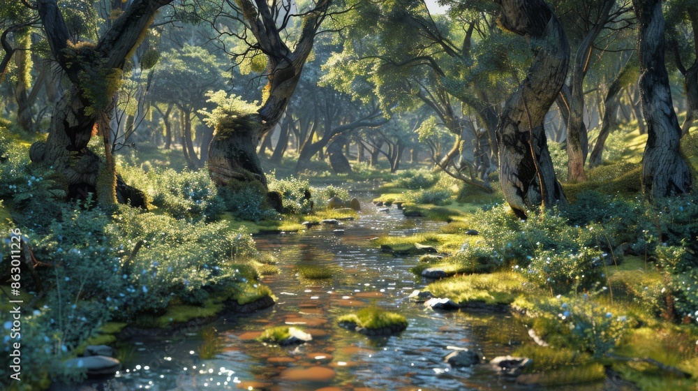 Illustration of A peaceful forest with ancient trees, meandering streams, and vibrant wildlife Illustration of A peaceful forest with ancient trees, meandering streams, and vibrant wildlife