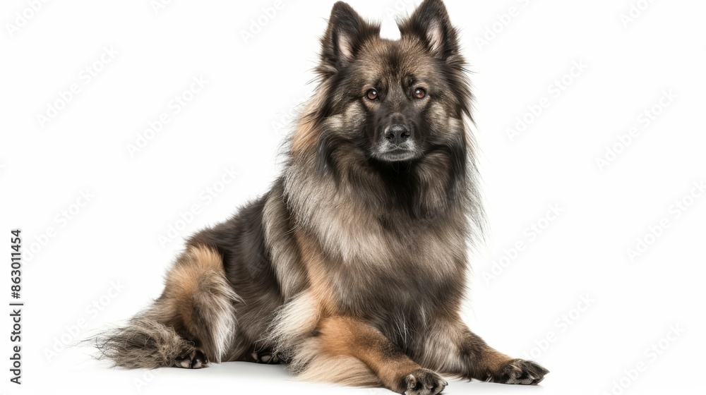 Obraz premium Curious Keeshond Dog Sitting Fluffy on White Background