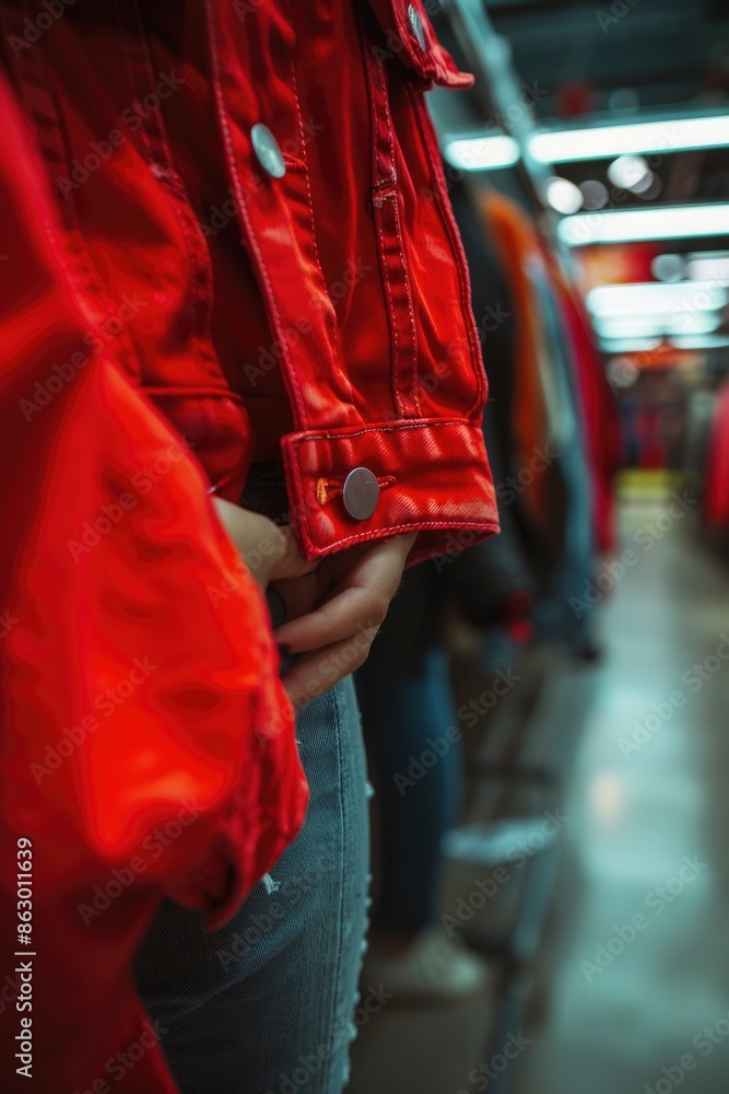 A person dressed in casual attire, with a red jacket and blue jeans, likely for outdoor activities or casual events A person dressed in casual attire, with a red jacket and blue jeans, likely for outdoor activities or casual events