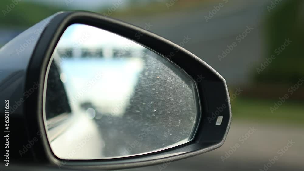 Automobile in motion. View in the rear view side mirror of a auto, driving a car along the track Automobile in motion. View in the rear view side mirror of a auto, driving a car along the track