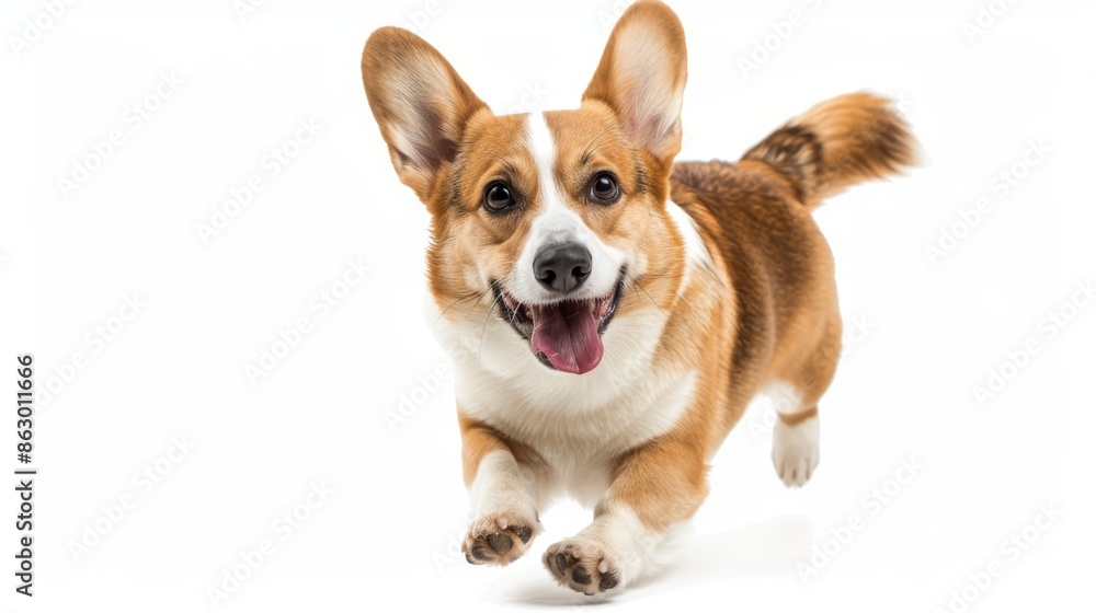 Energetic Corgi Playfully Running Towards Camera on White Background Energetic Corgi Playfully Running Towards Camera on White Background
