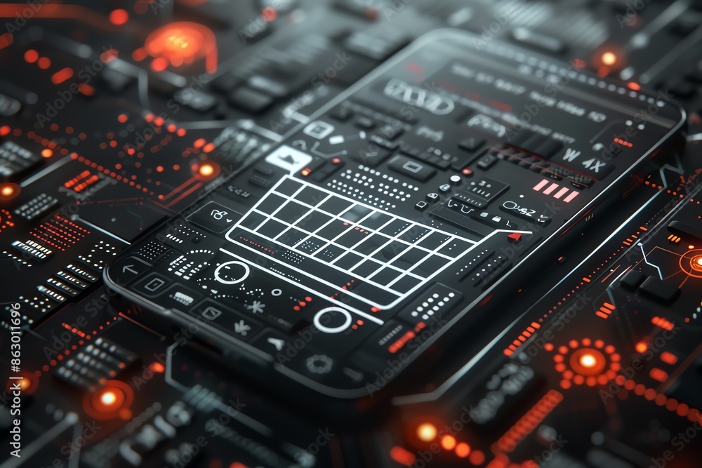 Futuristic smartphone on a high-tech circuit board displaying innovative technology concepts in a digital world. Futuristic smartphone on a high-tech circuit board displaying innovative technology concepts in a digital world.