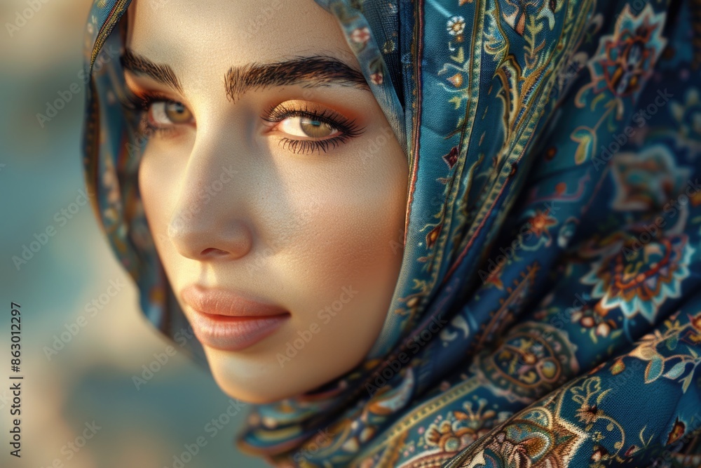 Close-up portrait of a woman wearing a headscarf, looking straight ahead Close-up portrait of a woman wearing a headscarf, looking straight ahead