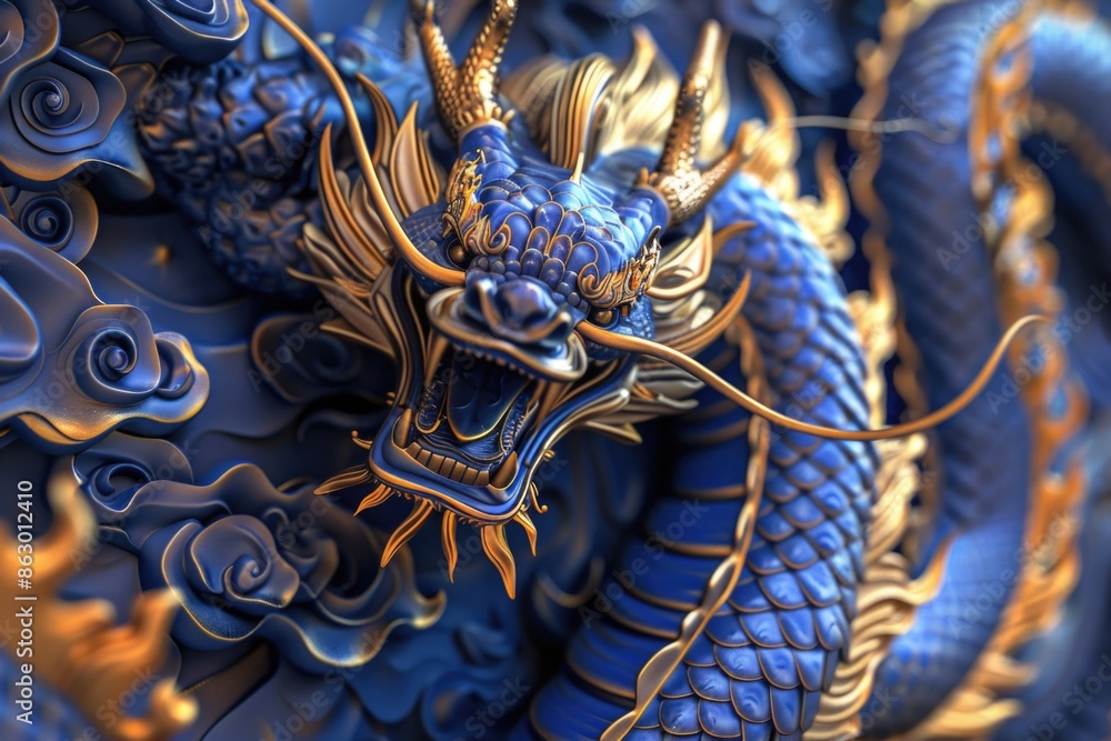 A close-up shot of a majestic blue dragon statue A close-up shot of a majestic blue dragon statue