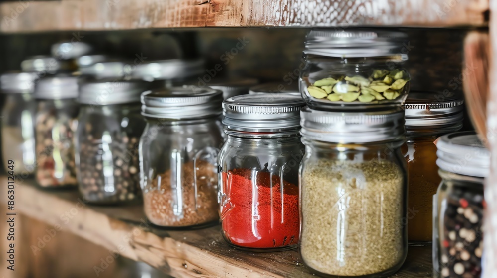 Open shelving with neatly arranged jars and spices Open shelving with neatly arranged jars and spices