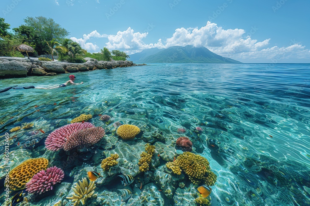 A person snorkeling in crystal-clear water, surrounded by vibrant coral reefs and tropical fish. A person snorkeling in crystal-clear water, surrounded by vibrant coral reefs and tropical fish.