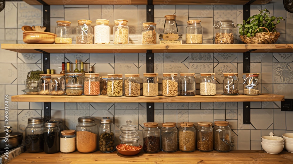 Open shelving with neatly arranged jars and spices Open shelving with neatly arranged jars and spices