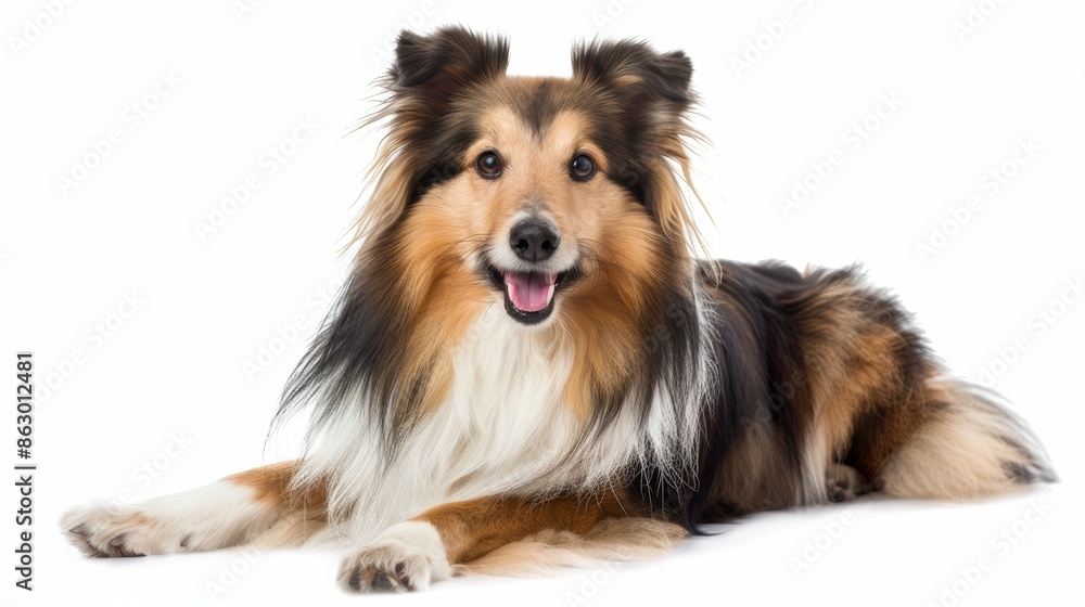 Happy Shetland Sheepdog with Wagging Tail on White Background Happy Shetland Sheepdog with Wagging Tail on White Background