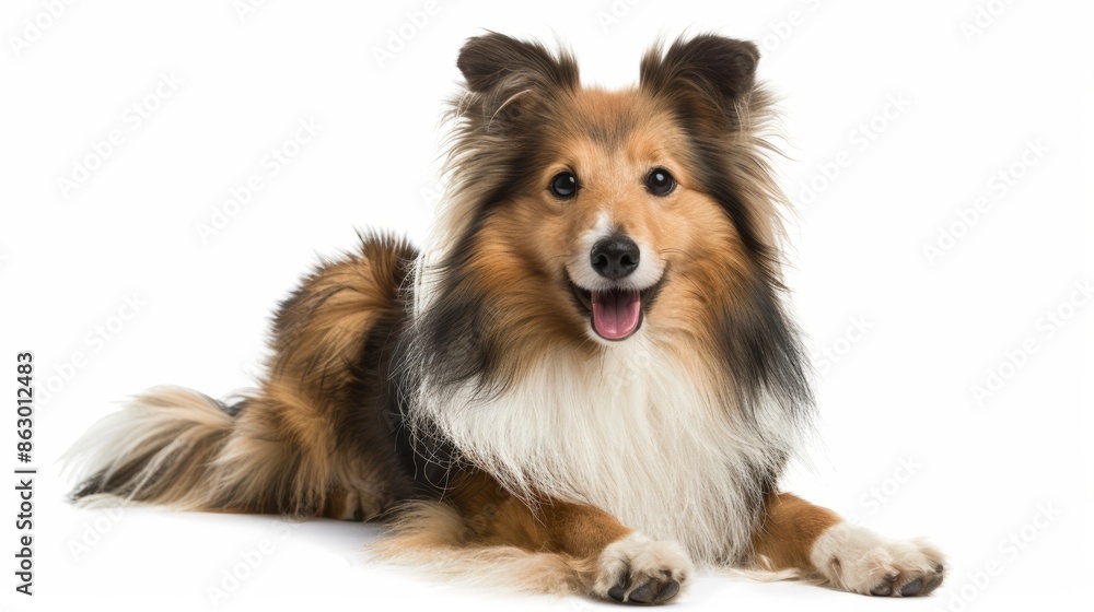 Happy Shetland Sheepdog with Wagging Tail on White Background Happy Shetland Sheepdog with Wagging Tail on White Background