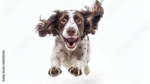 Energetic English Springer Spaniel Joyfully Running Towards Camera on White Background