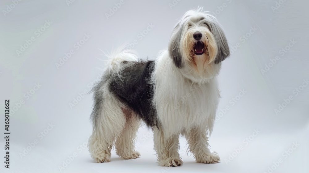 Energetic Old English Sheepdog with Joyful Expression on White Background Energetic Old English Sheepdog with Joyful Expression on White Background
