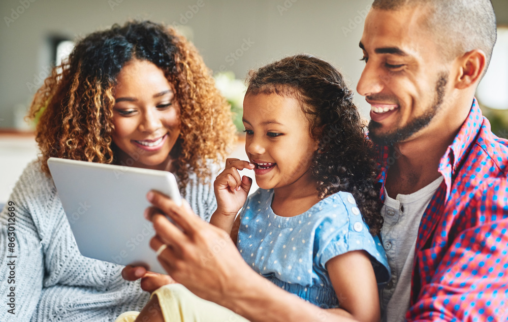 Fototapeta premium Tablet, happy family and kid with parents in living room together for learning, education or relax. Girl, mom and father on digital technology to watch funny comedy movie, cartoon and game in home