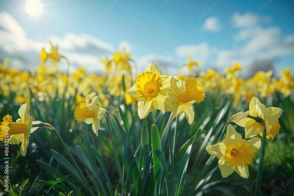 A field of bright yellow daffodils growing under a clear blue sky A field of bright yellow daffodils growing under a clear blue sky