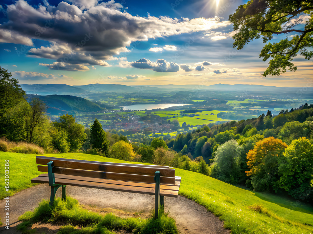 Obraz premium park view with greenery, bench and blue sky