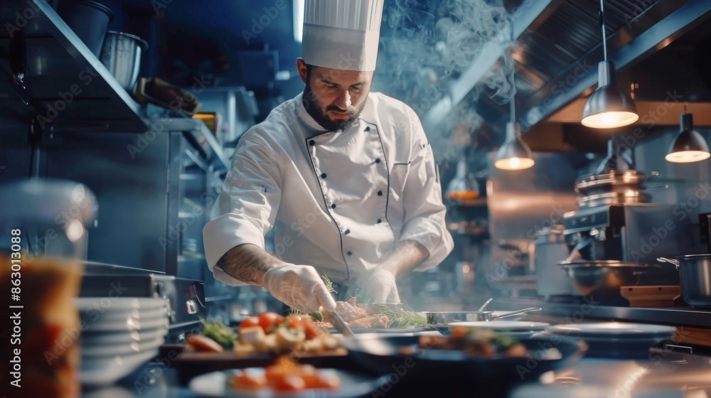 A passionate chef preparing gourmet dishes in a restaurant kitchen A passionate chef preparing gourmet dishes in a restaurant kitchen