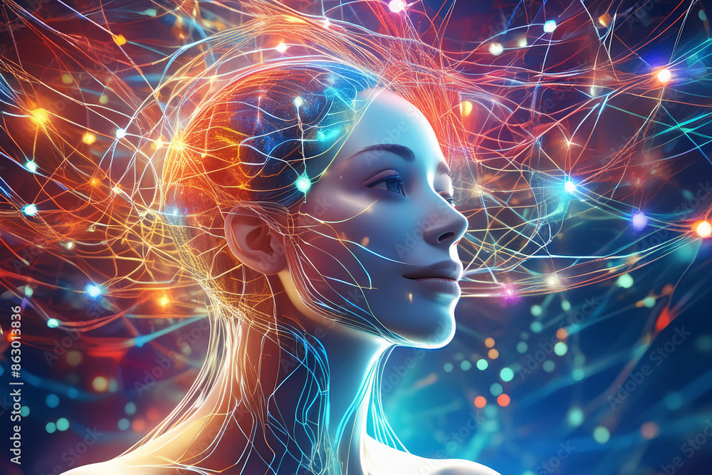 A fusion of human and digital elements, with neural pathways glowing in a sea of abstract emotions and colors A fusion of human and digital elements, with neural pathways glowing in a sea of abstract emotions and colors