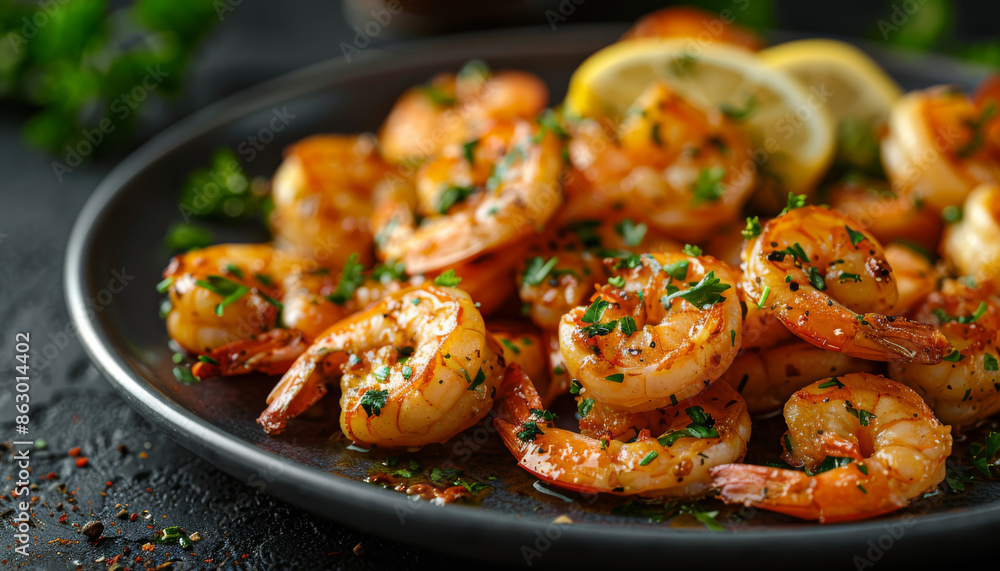 Closeup of Delicious Grilled Shrimp with Lemon Closeup of Delicious Grilled Shrimp with Lemon