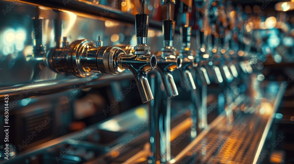 Row of beer taps in a bar setting