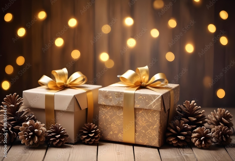Christmas and new year background - gift boxes pine cones and branches on the background of bokeh garlands Christmas and new year background - gift boxes pine cones and branches on the background of bokeh garlands