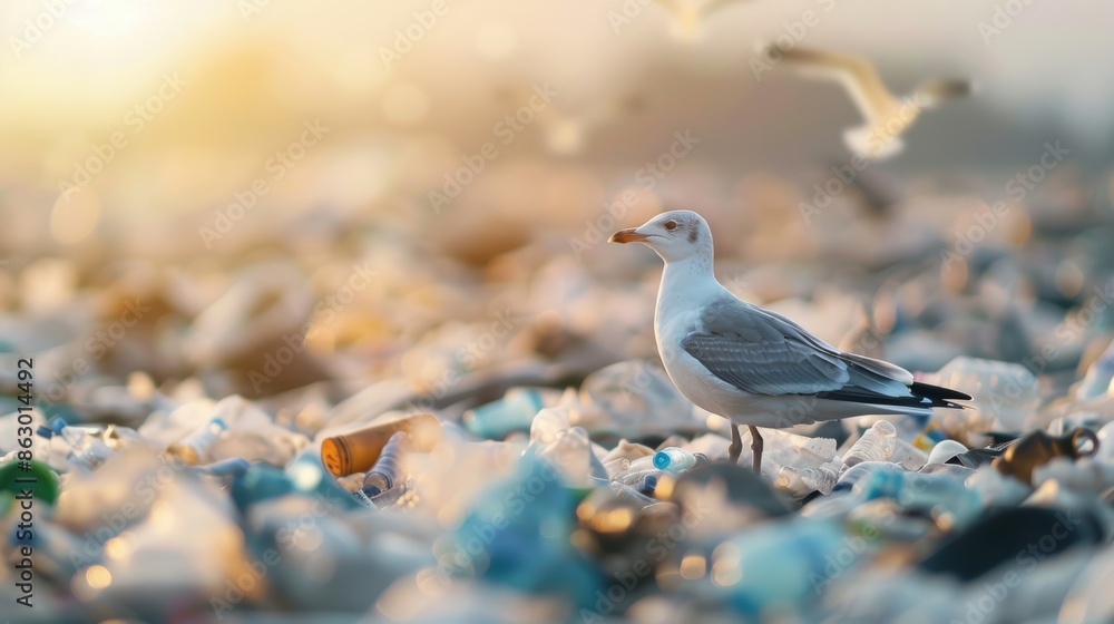 Bird surrounded by plastic waste, wildlife impact, environmental awareness Bird surrounded by plastic waste, wildlife impact, environmental awareness
