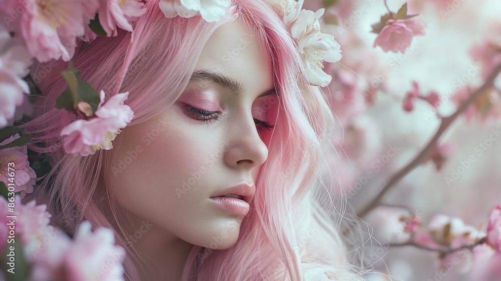 Fashion beauty portrait of woman on a background of spring flowers. Fashion beauty portrait of woman on a background of spring flowers.