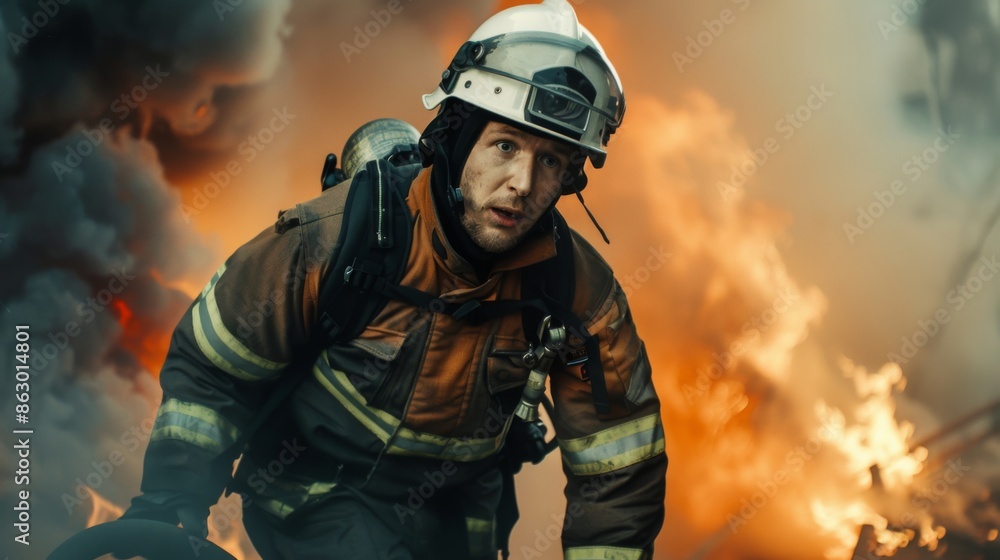 A tired firefighter, with his firefighter uniform, black pants with refractory, on a firefighting mission, smoke is seen behind A tired firefighter, with his firefighter uniform, black pants with refractory, on a firefighting mission, smoke is seen behind