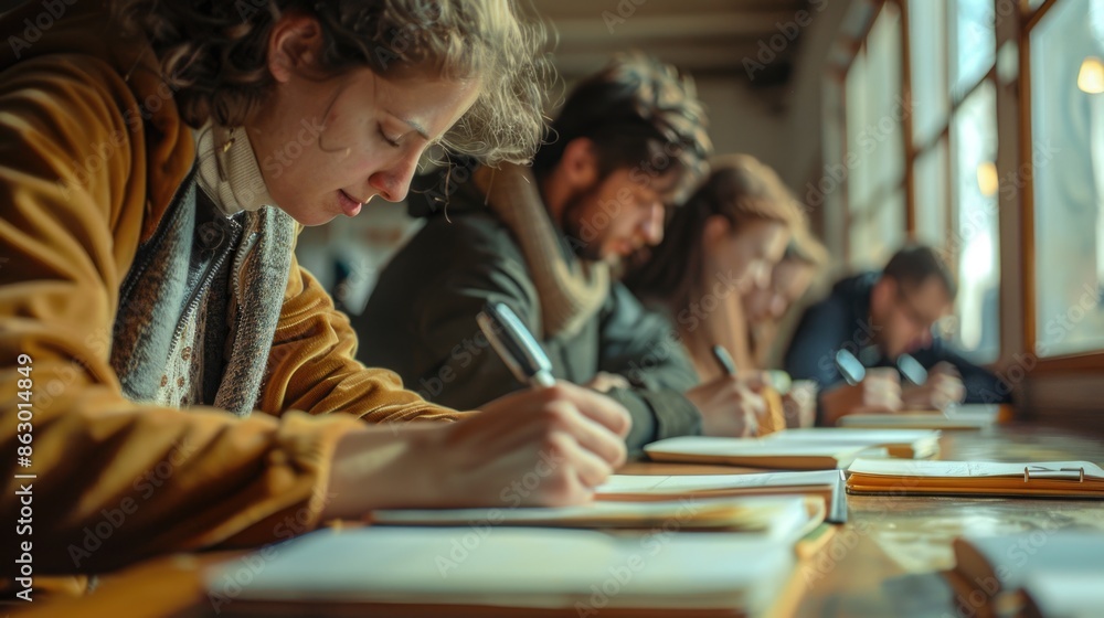 A group of people working together, surrounded by papers and laptops, with a collaborative atmosphere A group of people working together, surrounded by papers and laptops, with a collaborative atmosphere
