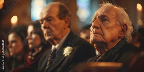 Elderly man mourns alongside family at funeral in church. Concept Funeral, Elderly Grief, Family Support, Church Ceremony