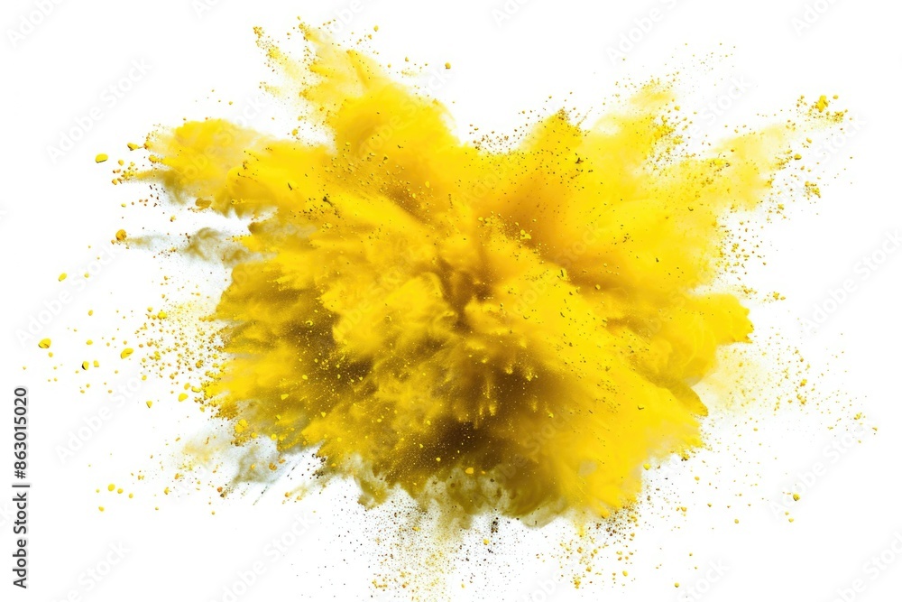 A sudden and intense yellow powder explosion on a clean white background A sudden and intense yellow powder explosion on a clean white background