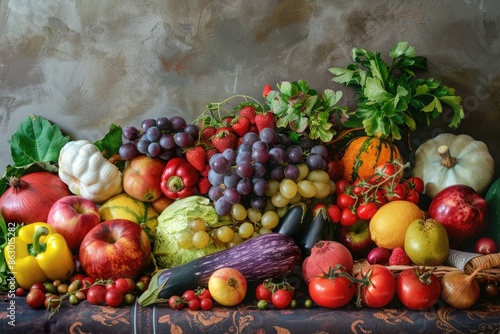 A colorful display of various fruits and vegetables on a wooden table