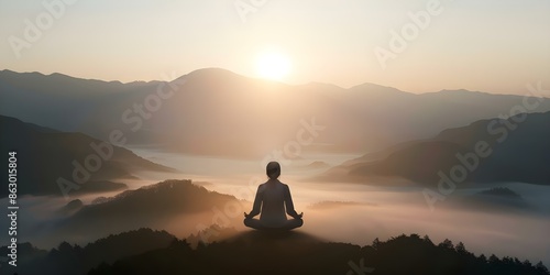 Scenic Japanese landscape at sunset with meditating figure misty mountains and trees. Concept Landscape Photography, Sunrise/Sunset, Japanese Culture, Meditation, Natural Elements