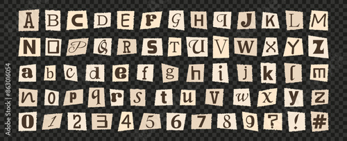  Trendy set of letters and numbers on torn sheets of paper in a vintage style. Retro torn paper for anonymous messages, banners, posters, social networks. Vector illustration.