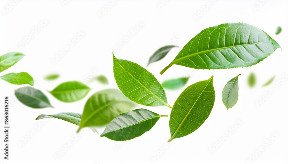 Fototapeta premium green leaves flying and floating in the air isolated on white background, Flying whirl green leaves in the air, Healthy products by organic natural ingredients concept. Generative AI