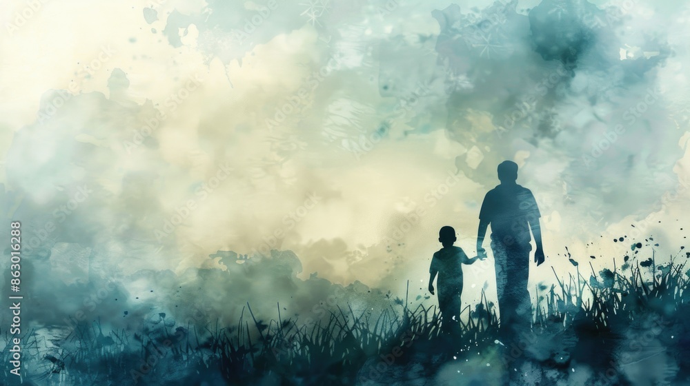 A man stands with a child in a natural setting, possibly outdoors A man stands with a child in a natural setting, possibly outdoors