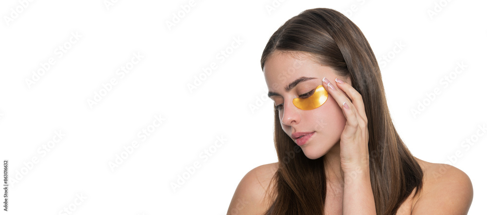 Collagen hydrogel eye patches. Skin with moisturizing patches under eyes. Young woman using patches under eyes, copy space. Beauty woman with eye patches has perfect skin. Stay hydrated Collagen hydrogel eye patches. Skin with moisturizing patches under eyes. Young woman using patches under eyes, copy space. Beauty woman with eye patches has perfect skin. Stay hydrated