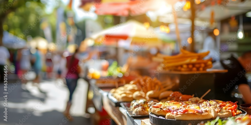 Fototapeta premium Blurred street food stand at a festival with fast food market. Concept Festival Foods, Street Eats, Fast Food Market, Blurred Background, Crowded Scene