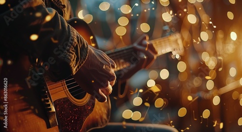 Close Up of a Musician Playing Acoustic Guitar at Night