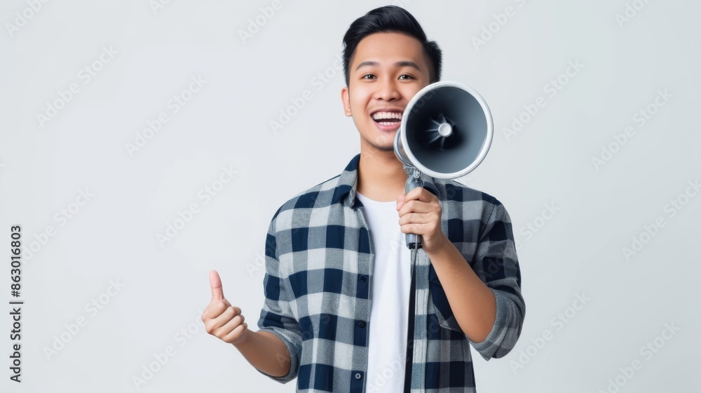 Asian man standing confidently while holding a megaphone, isolated against a white background Asian man standing confidently while holding a megaphone, isolated against a white background