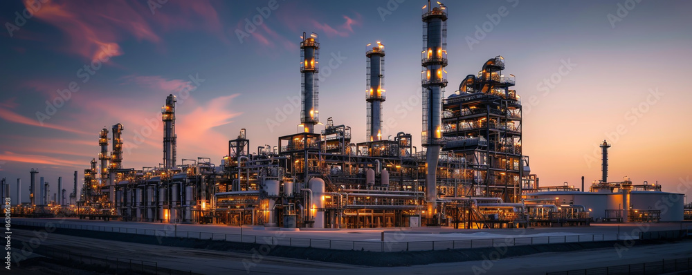 Fototapeta premium A huge oil and gas laboratory with vast structures, bright tanks of liquefied gas