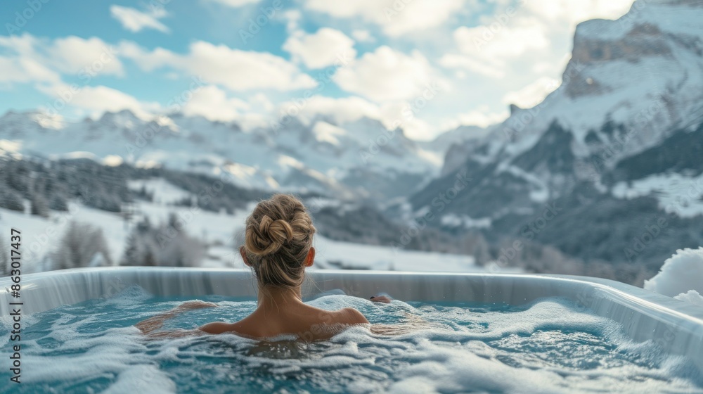 Portrait of young carefree happy woman relaxing at hot tub during enjoying happy traveling moment vacation Portrait of young carefree happy woman relaxing at hot tub during enjoying happy traveling moment vacation
