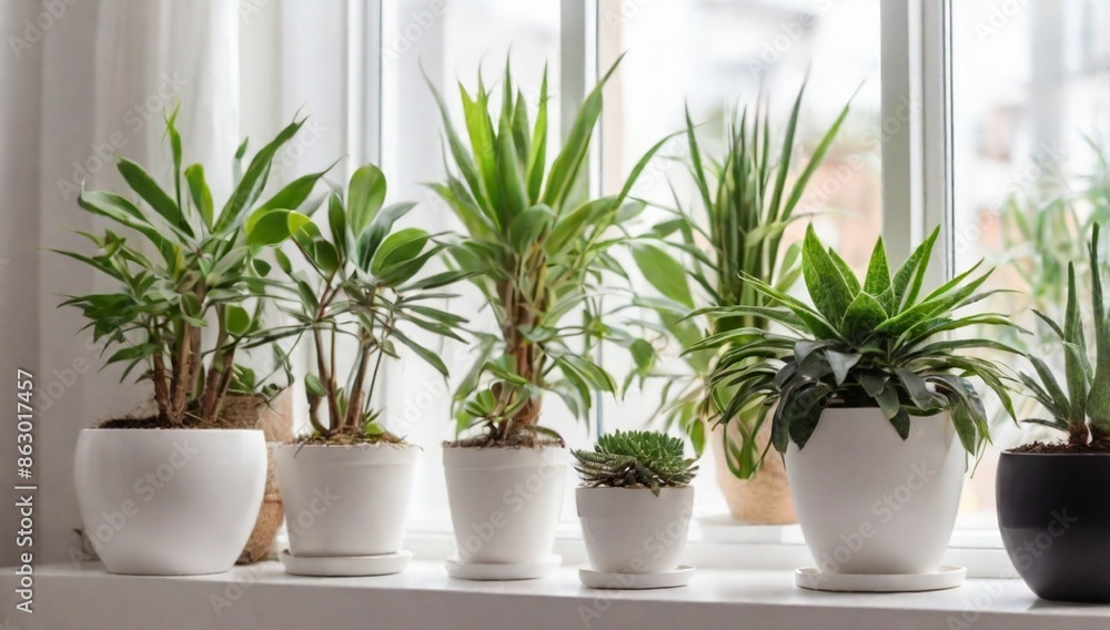 Home plants in white pots on the windowsill: succulents, Spathiphyllum,aloe vera,hamedorea or Areca palm. Home plants care concept. Houseplants in a modern interior.
Home plants in white pots on the windowsill: succulents, Spathiphyllum,aloe vera,hamedorea or Areca palm. Home plants care concept. Houseplants in a modern interior.