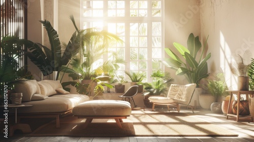 Background image of cozy living room with mid-century modern furniture and plants. Living room with white wall and sun shini photo