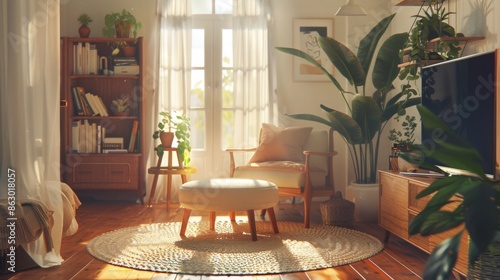 Background image of cozy living room with mid-century modern furniture and plants. Living room with white wall and sun shini photo