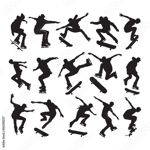 Black silhouettes of skate jumpers on a white background