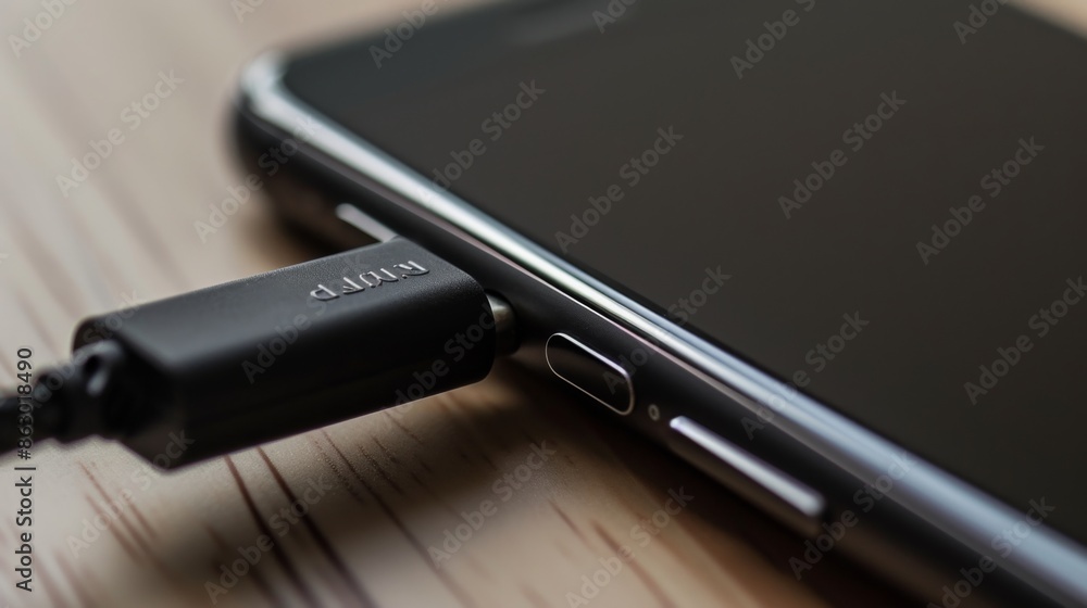 Mobile phone charging cable connected to a device Mobile phone charging cable connected to a device